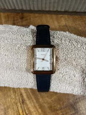 Fossil Raquel Rectangular Rose Gold-Tone Watch with Navy Leather Strap ES4158